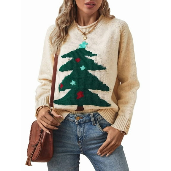 Christmas Sweaters for Women CrewNeck Sweater Pullovers Long Sleeve Xmas Holiday Clothes Apricot S