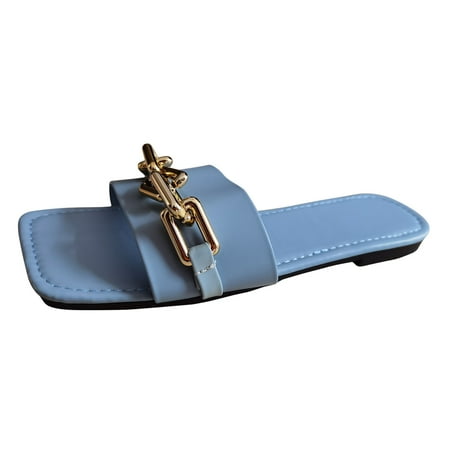 

Itsun Flat Sandals Women Women s Slides Square Open Toe Flat Chain Slip On Shoes Comfortable Dressy Casual Daily Beach Slippers Blue