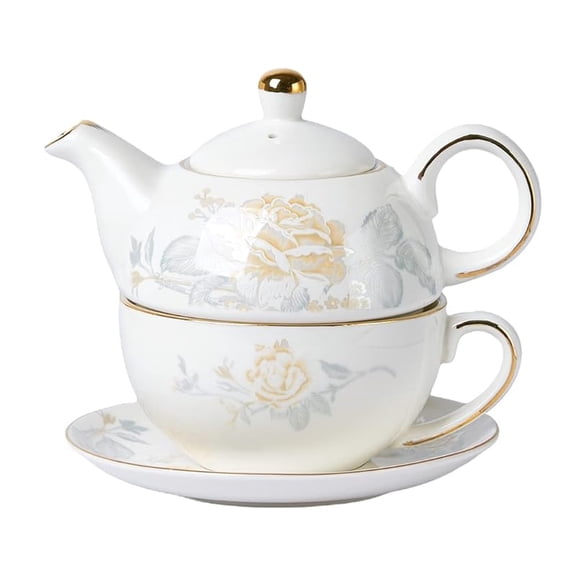 CZQ Tea for One Porcelain Teapot and Cup Set, Tea Set for One, Floral Teapot, Gold Rose Tea Set Gift for Women