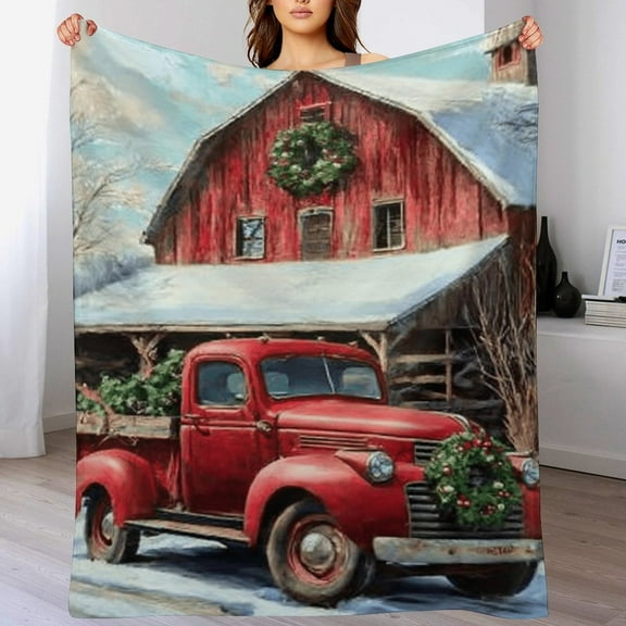 RKSupls Christmas Farmhouse Throw Blanket,Soft Flannel Vintage Red Truck Blanket, Fuzzy Warm Cozy Winter Blanket for Couch Bed Home Decor,30x40 in