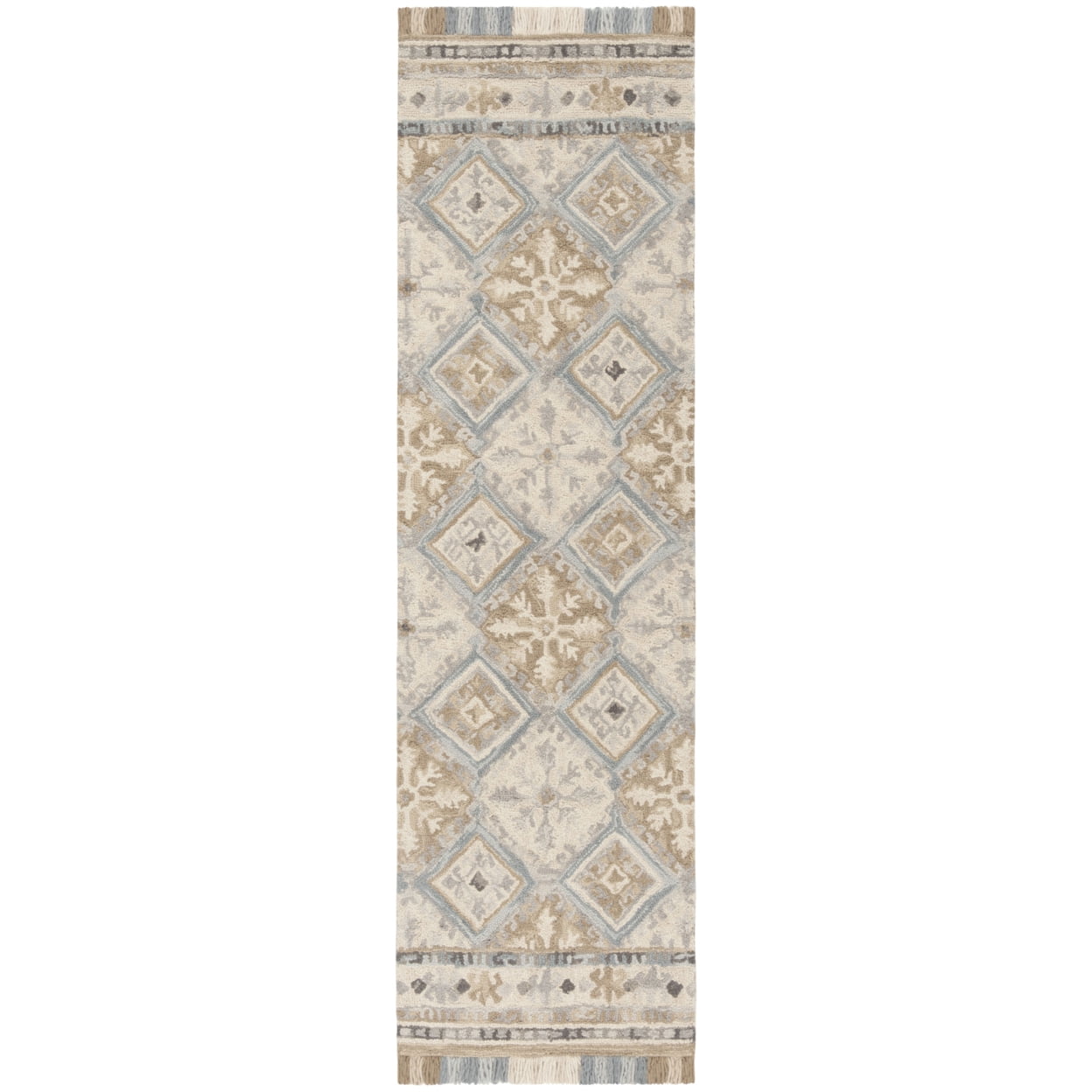 SAFAVIEH Blossom Keighley Geometric Fringe Wool Area Rug, Beige/Light Blue, 6' x 6' Round