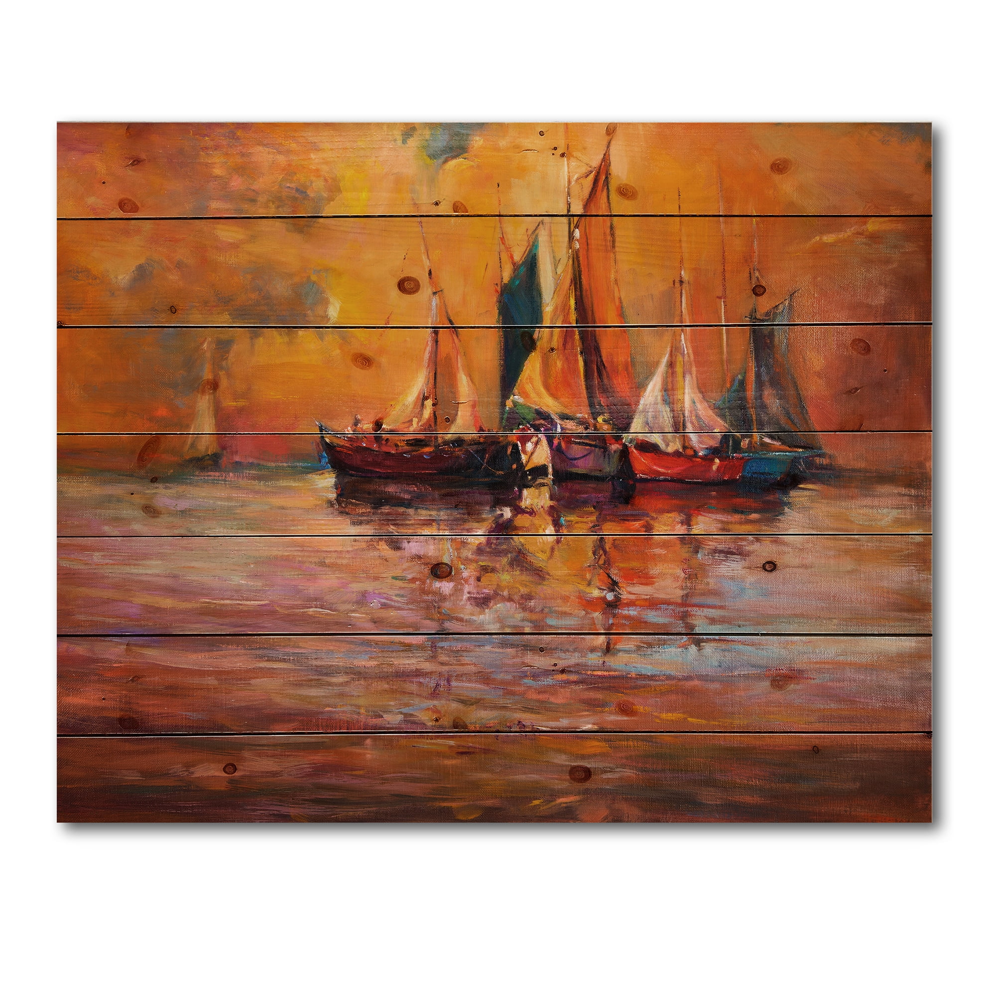 Designart 'Boats During Evening Sunset In The Ocean I' Nautical & Coastal Print on Natural Pine Wood