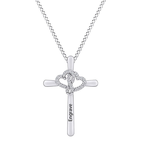 AFFY Personalized Engrave Sparkling White Cubic Zirconia Interlocked Heart Cross Pendant Necklace 14k White Gold Over Sterling Silver