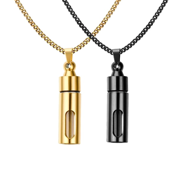 Collar con dos frascos de vidrio y tubo de acero, tipo urna, tipo cápsula, para guardar recuerdos, con cadena. Oro + Negro