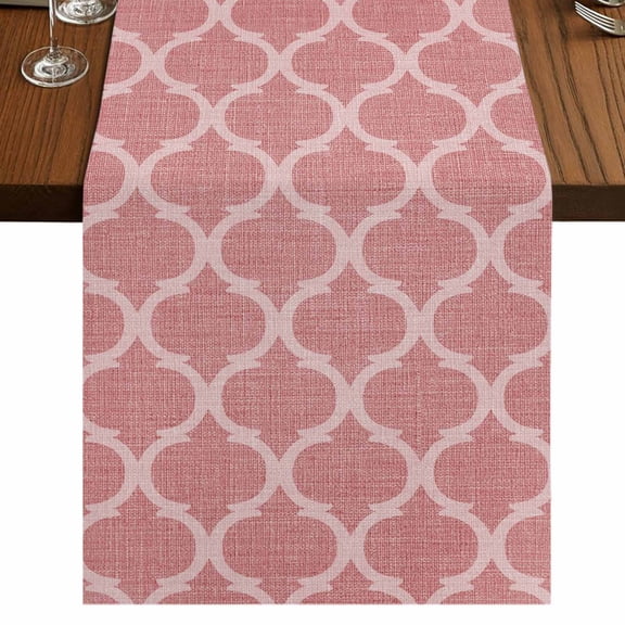 Coral Pink Morocco Burlap Cotton Table Runner 18x72 Inches Long, Vintage Geometric Plaid Mahbudium Farmhouse Table Runners, Outdoor Dining Tablecloths Decor for Baby Shower/Party/Wedding