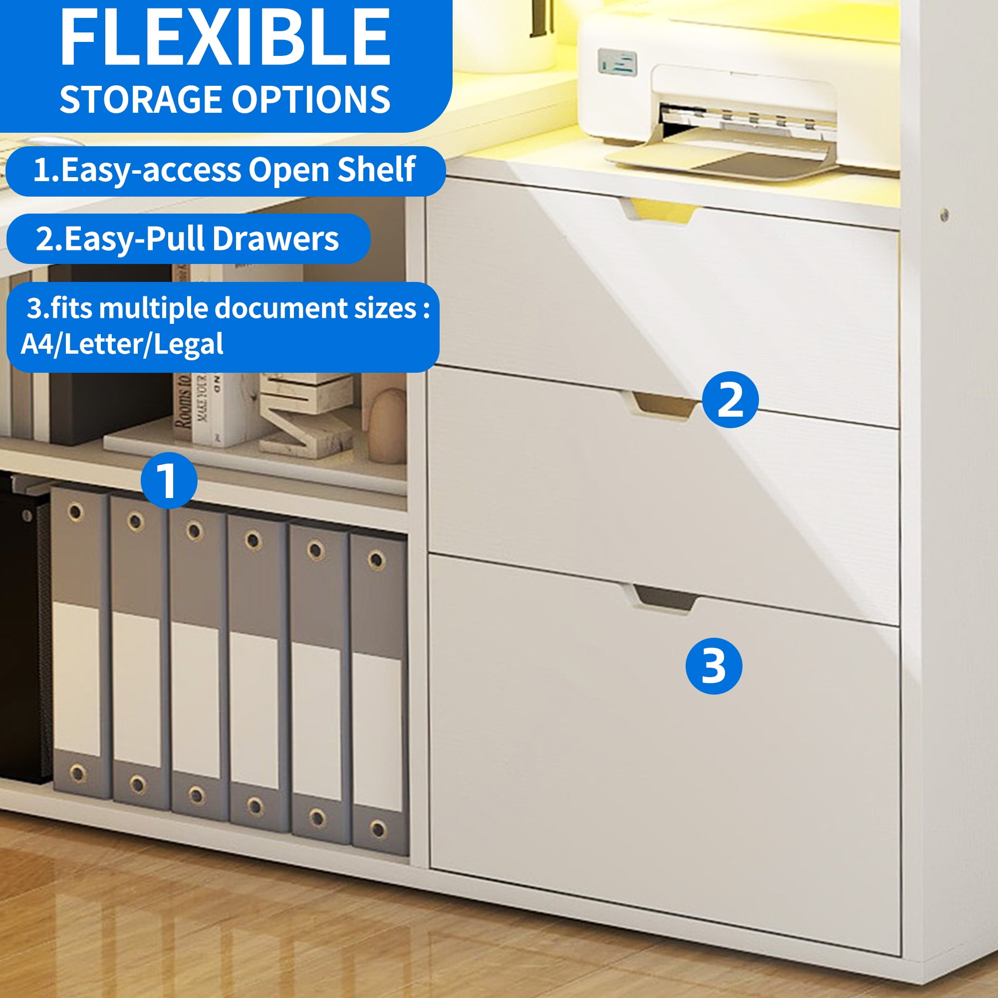 Dextrus L Shaped Desk with Power Outlets & LED Lights, Computer Desk with 3 Drawers and 3 Storage Shelves, White Office Desk Corner Desk for Home Office