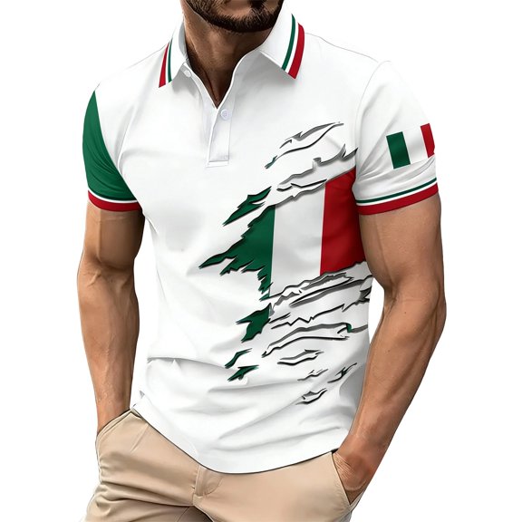 Mens Polo Men's Short Sleeve Button Front Polo Shirt Italian Flag Print Casual Everyday Top Lightweight Breathable Performance White L