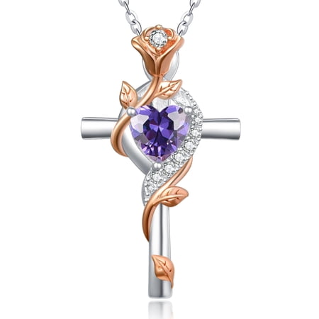 Women's Cross Necklace for Women Sterling Silver Amethyst February Birthstone Necklace Rose Cross Pendant Jewelry Catholic Christian Religious Valentines Day Birthday Gifts for Wife Her Mom Mother