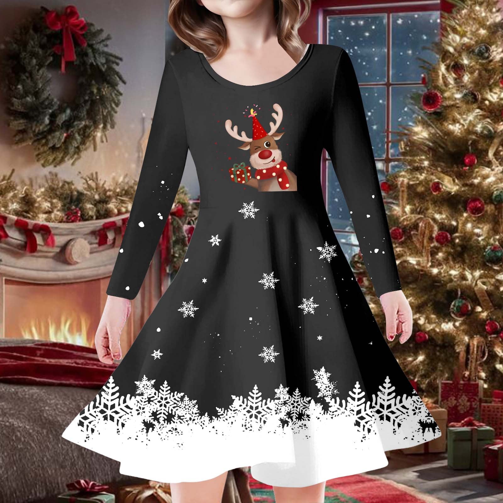Robe De Noël Fille Enfants - Imprimé Sapins Et Cerfs Manches Longues - Pour Fête, Princesse, Ballet - 5