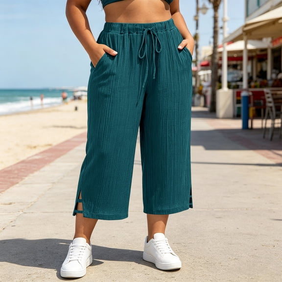 Gamviast Women's Plus Size Capri Pants Drawstring Waist Crinkle Gauze Wide Leg Cropped Pants with Pockets Lightweight Beach Vacation Casual Wear Dark Blue XXXXL