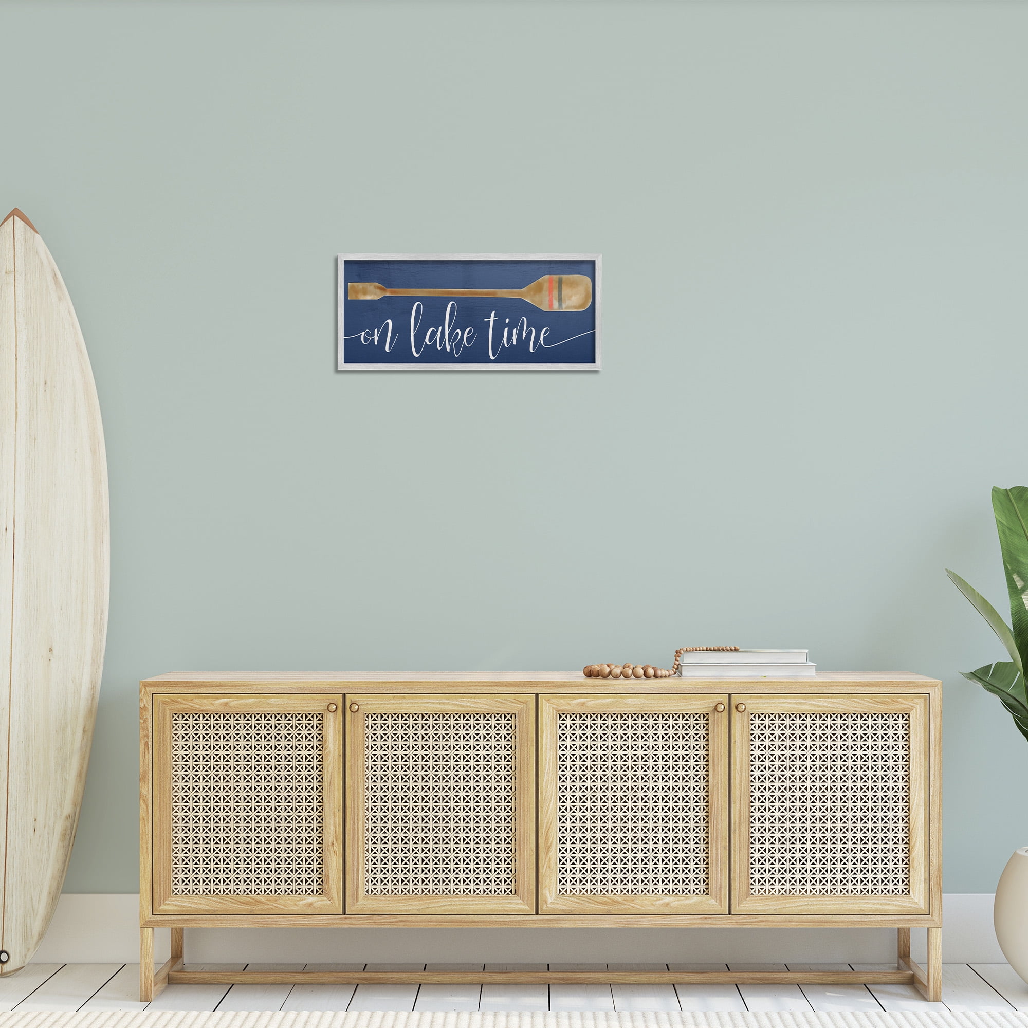 Stupell Industries On Lake Time with Oar Typography Painting Gray Framed Art Print Wall Art, 24 x 10