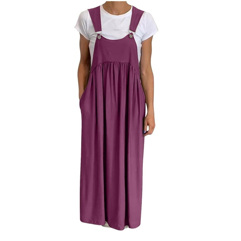 Overall Dress Overall Dress for Women Cotton Linen Overall Dress Casual  Summer Overall Dress Long Overall Dresses Women's Summer Fashion Solid  Color Button Camis Sleeveless Round Neck Dress - Walmart.com