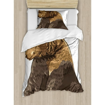 Big Pillows For Sitting Bear Twin Size Duvet Cover Set, Big and Cute Mammal Sitting Smiling Wildlife Beast Nature Inspired Cartoon Mascot, Decorative 2 Piece Bedding Set with 1 Pillow Sham, Taupe Brown, by Ambesonne ()