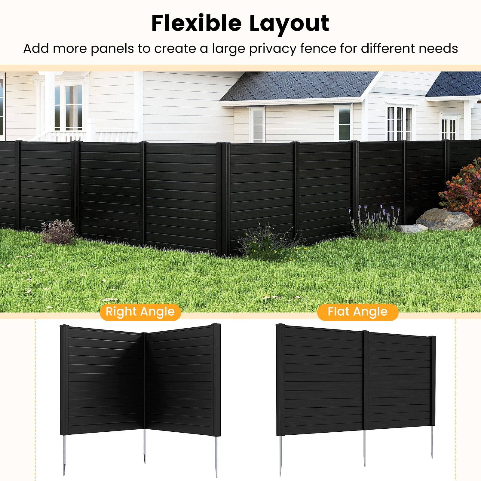 Topbuy 2PCS Outdoor Privacy Fence Panel 2 Picket PVC Decorative Fence w/3 Cuspidal Stakes Trash Enclosure & Freestanding Fence for Garden Black