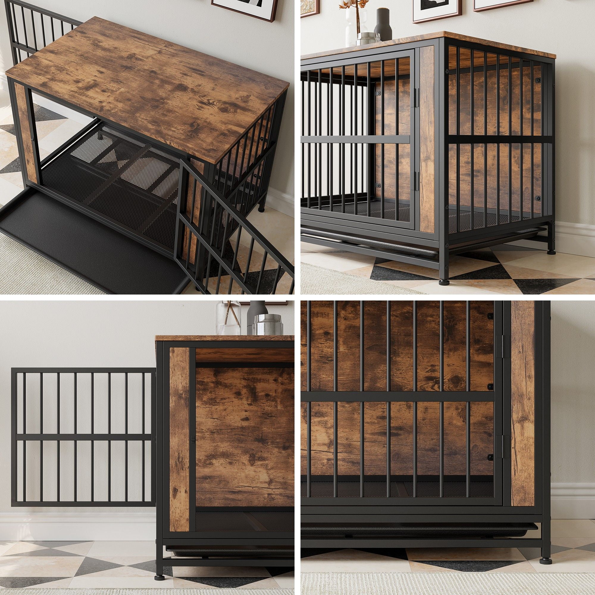Pefilos 38.9" Furniture Style Dog Crates for Indoor, Pet Kennels with Removable Trays and 2 Sliding Doors, Heavy-Duty Dog Cage, Brown