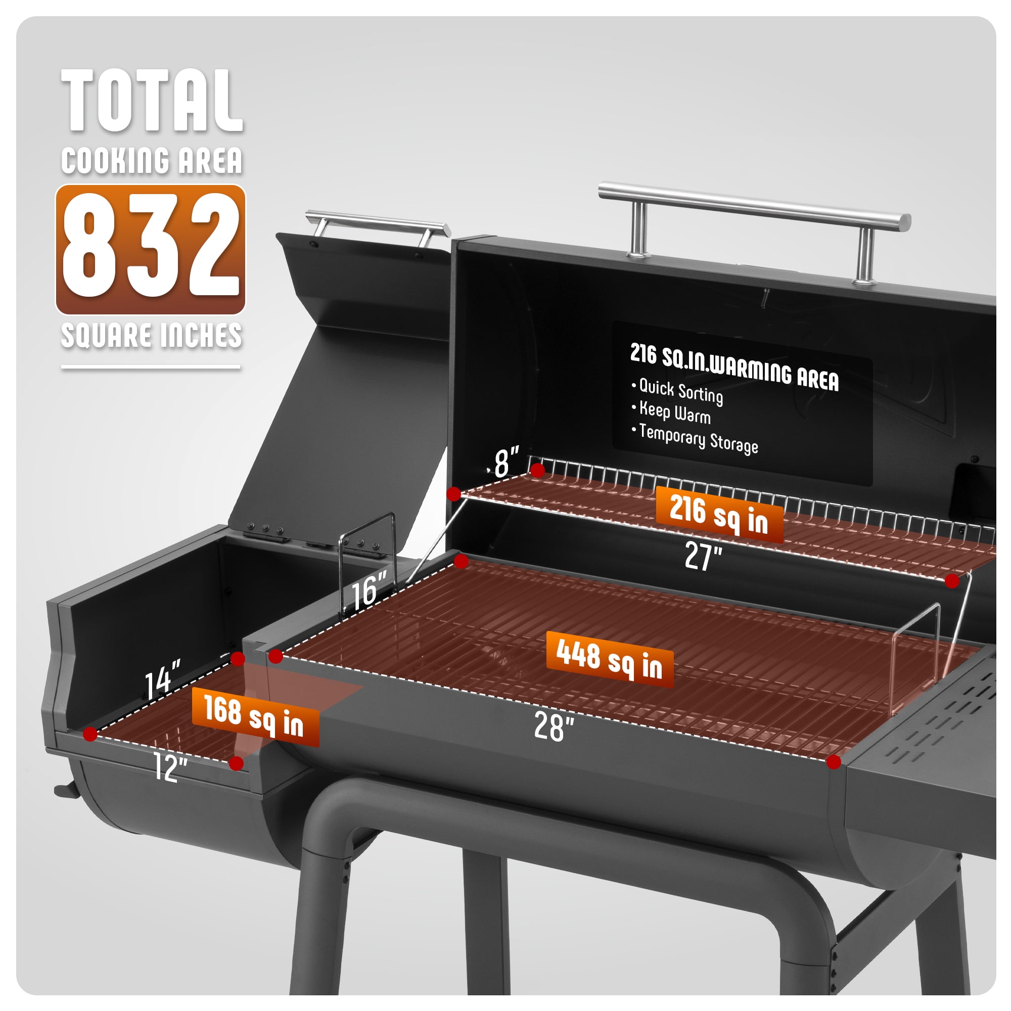 Feasto 30-Inch BBQ Charcoal Grill with Offset Smoker & Side Table, Heavy-Duty Outdoor Grill with 832 Sq. In. Total Cooking Space