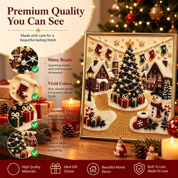 Christmas Pearl Art Kits with Frame, 1-Pack Framed Resin Bead Painting, DIY Gemstone Artwork for Living Room Wall Decor, bldnkj
