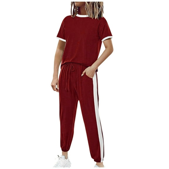 ZyeKqe Sweatsuits Women 2 Piece Outfit Short Sleeve Top Drawstring High Waisted Jogger Pants Matching Tracksuit Sets
