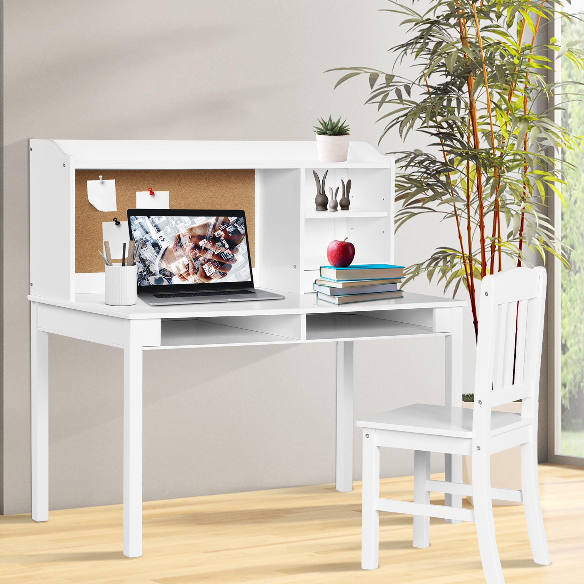 Costway Kids Desk Chair Set Study Writing Desk w Hutch Bookshelves White