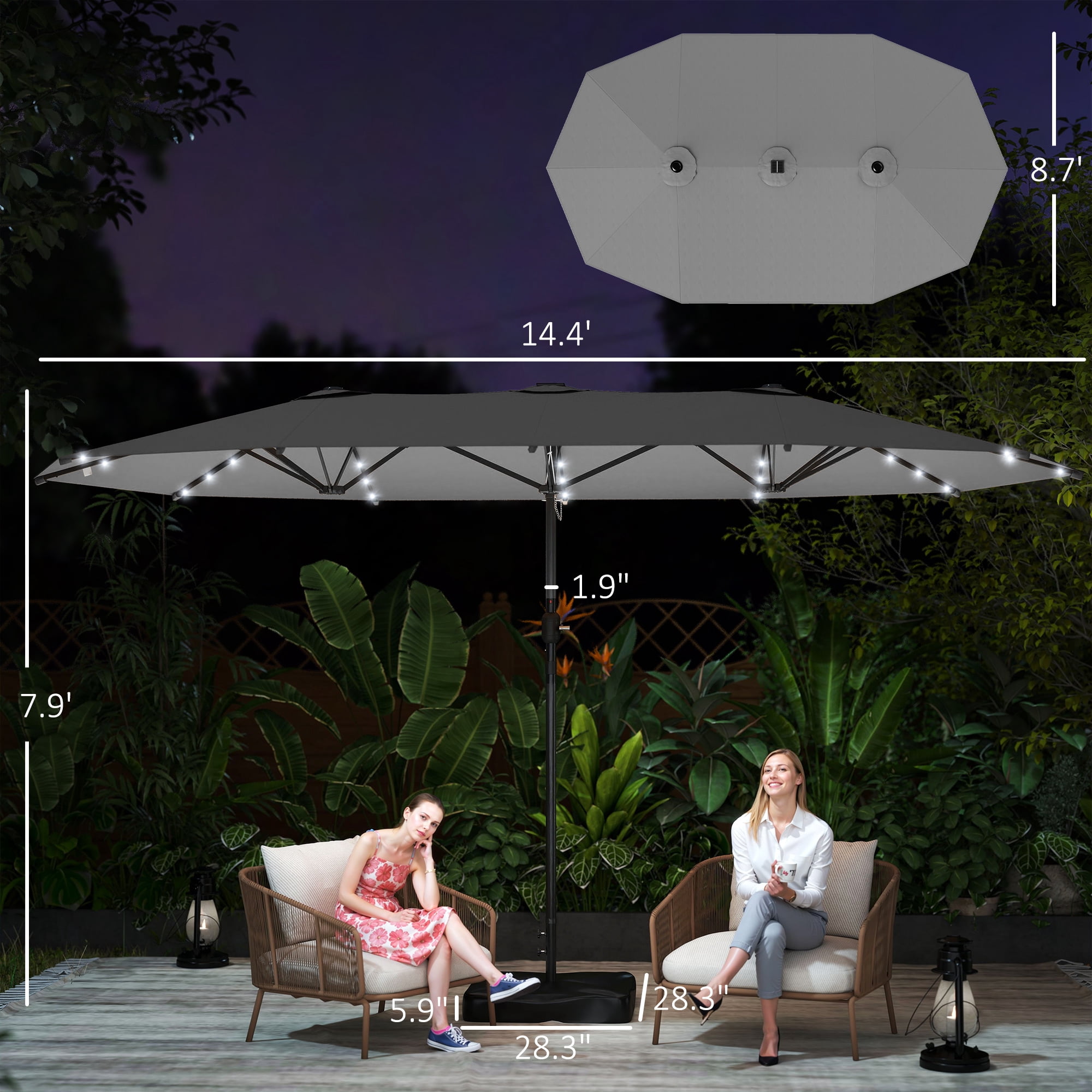 Outsunny Double-Sided Sun Umbrella, Outdoor Garden Parasol, Patio Sun Shade with LED Solar Light, Sand Base, Gray
