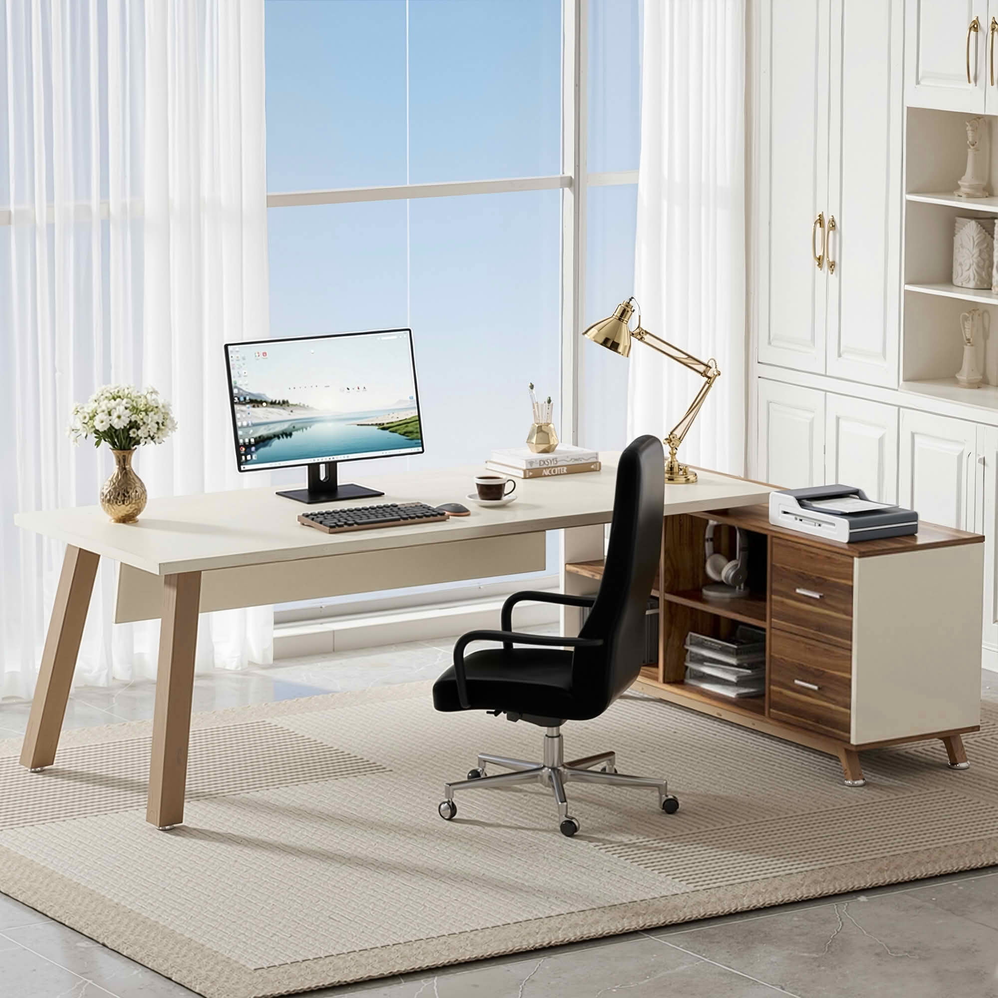 MAYEERTY 71 Inch L-Shaped Executive Computer Desk with File Drawers & Open Storage Shelves, E0-Grade Scratch Resistant Board Metal Frame Workstation for Home & Professional Office