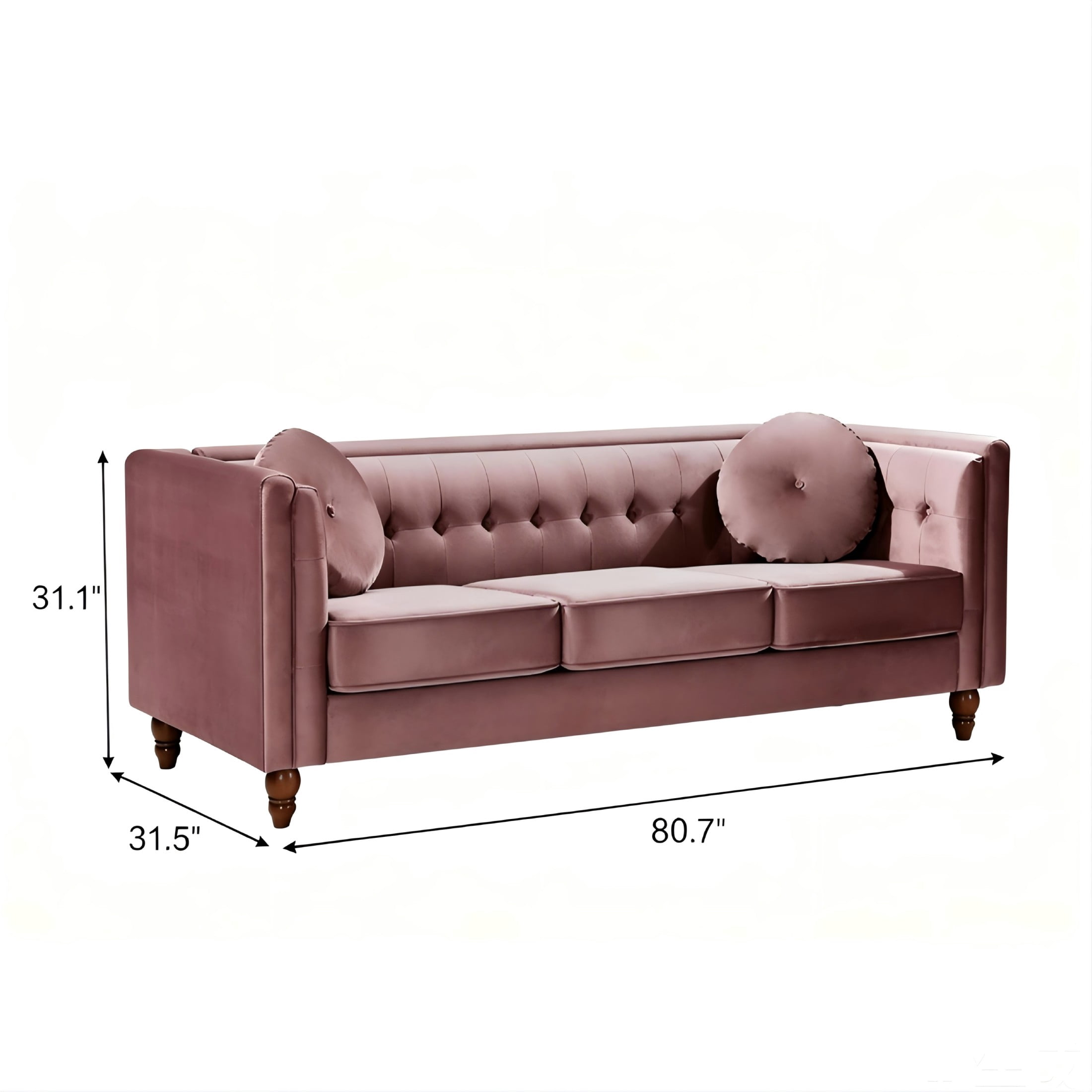 GDF Studio 80.7" Chesterfield Tufted Sofa with Square Arms, Crushed Velvet Upholstery, Rose