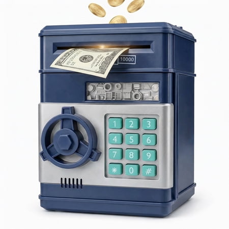 Kids Electronic ATM Piggy Bank with Password, Money Saving Bank Toy with Automatic Bill Roller, Coin Slot & Music, Large Capacity Savings Box for Boys Girls Ages 3–12, Gray Blue