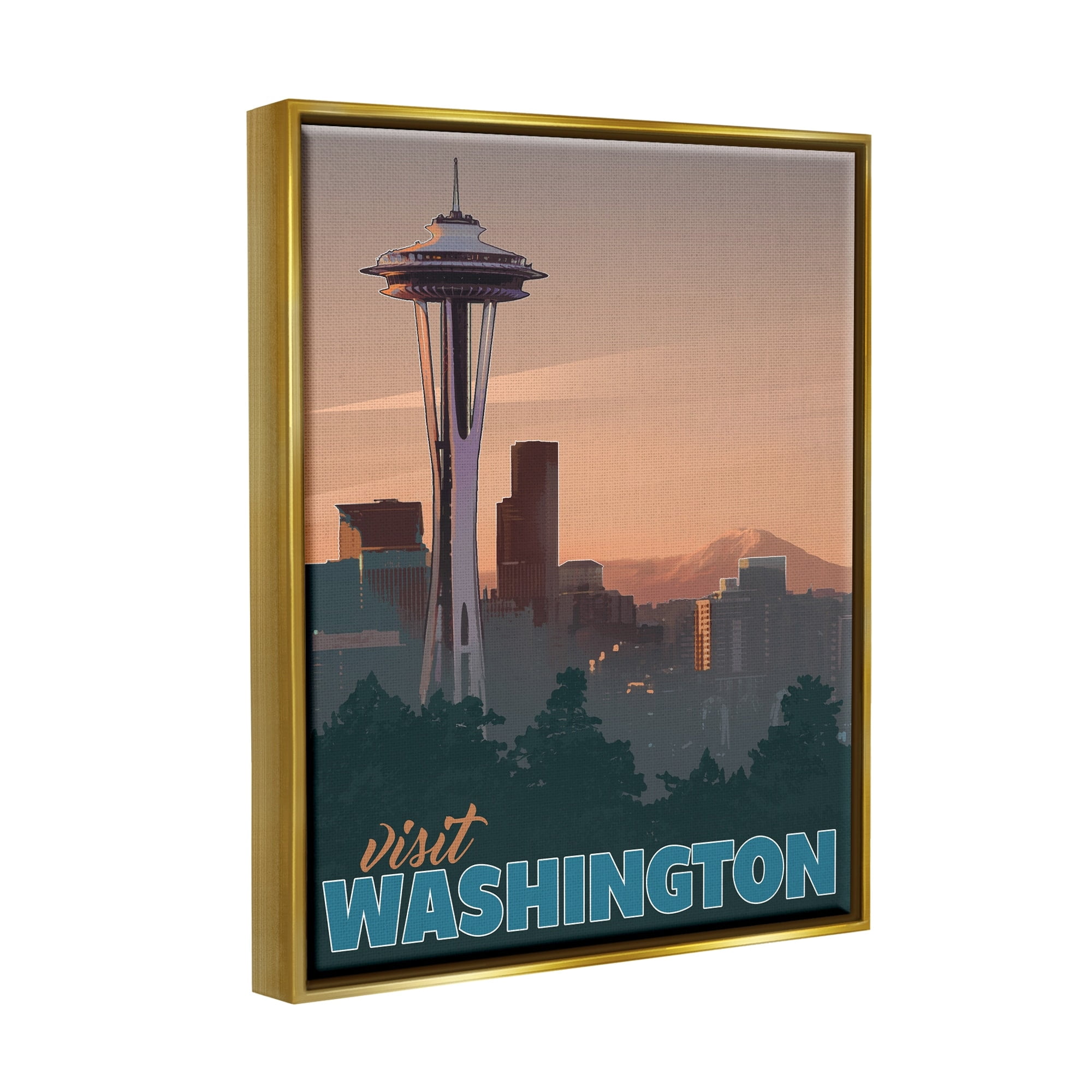 Stupell Industries Visit Washington Urban Metropolis Space Needle Landmark Graphic Art Metallic Gold Floating Framed Canvas Print Wall Art, Design by David Owens Illustration