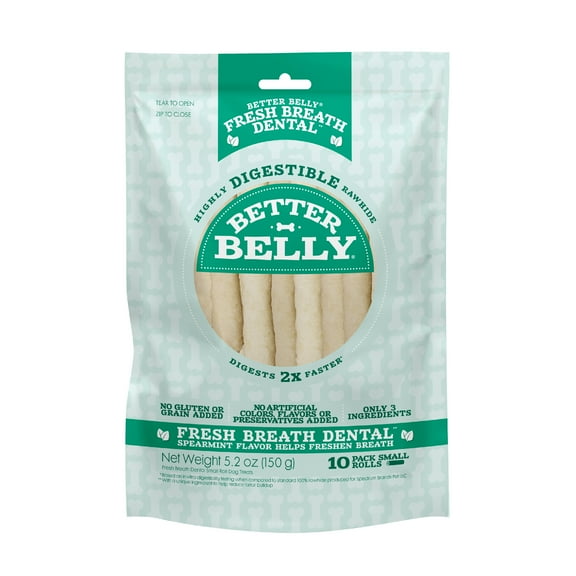 Better Belly Dental Easily Digestible Dog Chews, 10 Count Small Rolls, Fresh Breath Treats