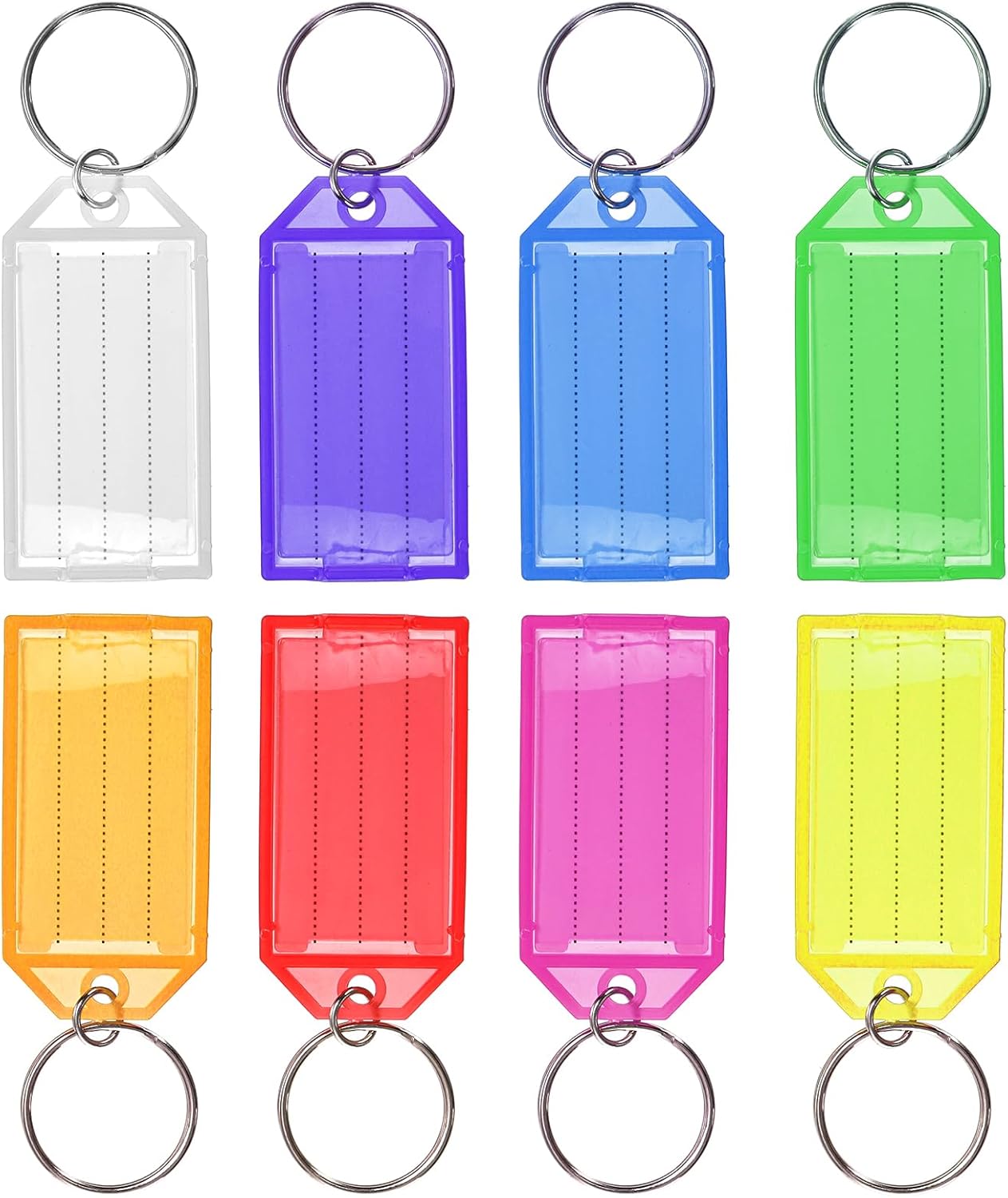 200 Pcs Plastic Key Tags, Key Label Window with Split Ring and Ruled Blank Label Paper, Name Tags Cover Key Chain Identifiers for Luggage, Backpack, 8 Colors