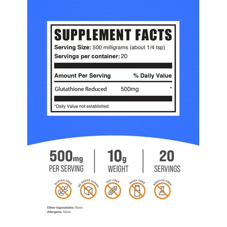 BulkSupplements Glutathione Powder - Reduced Form, 500mg per Serving, 10g (0.35 oz) - 20 Servings