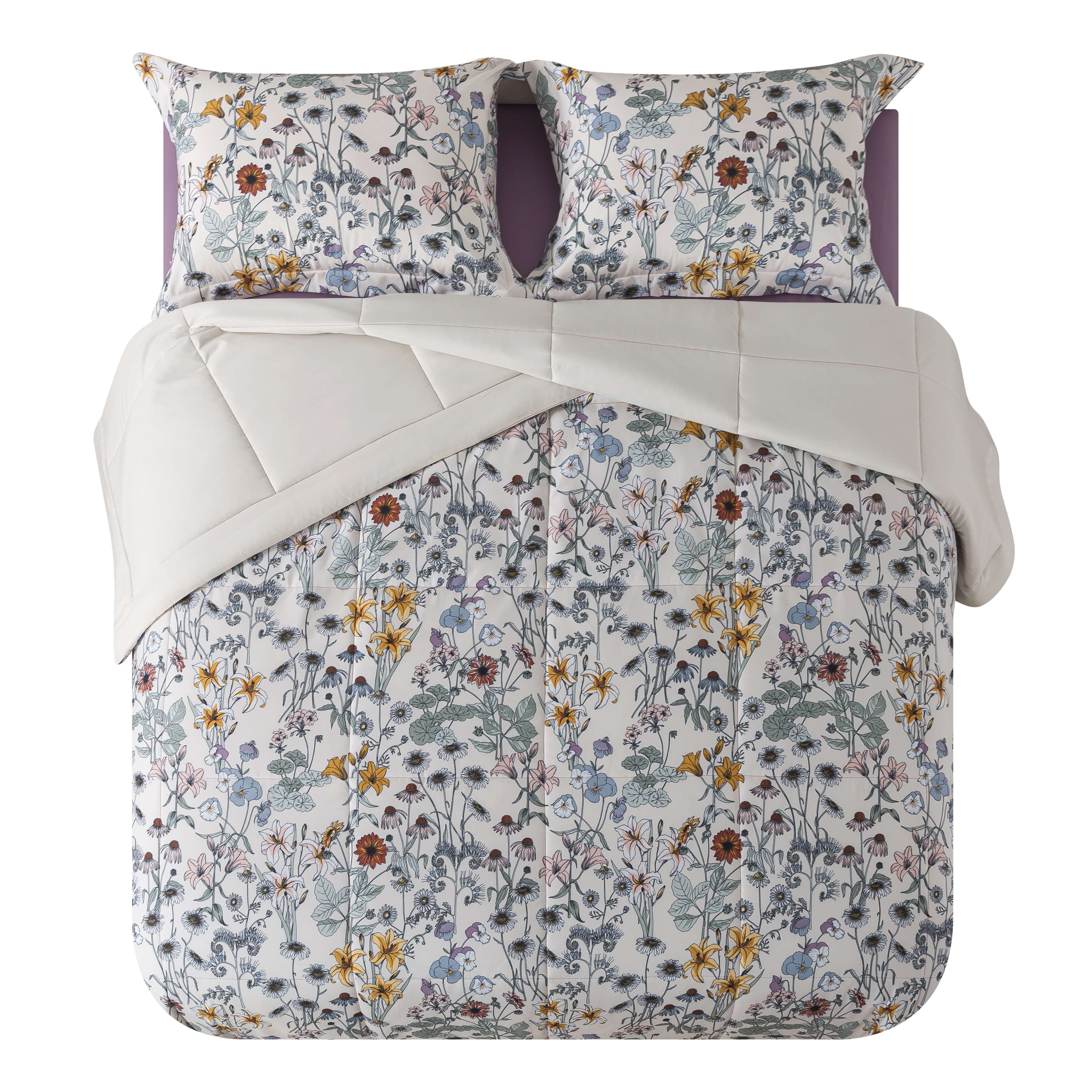Mainstays All in One Reversible Comforter and Sheet set- 7 Piece, Full, White Multi Floral