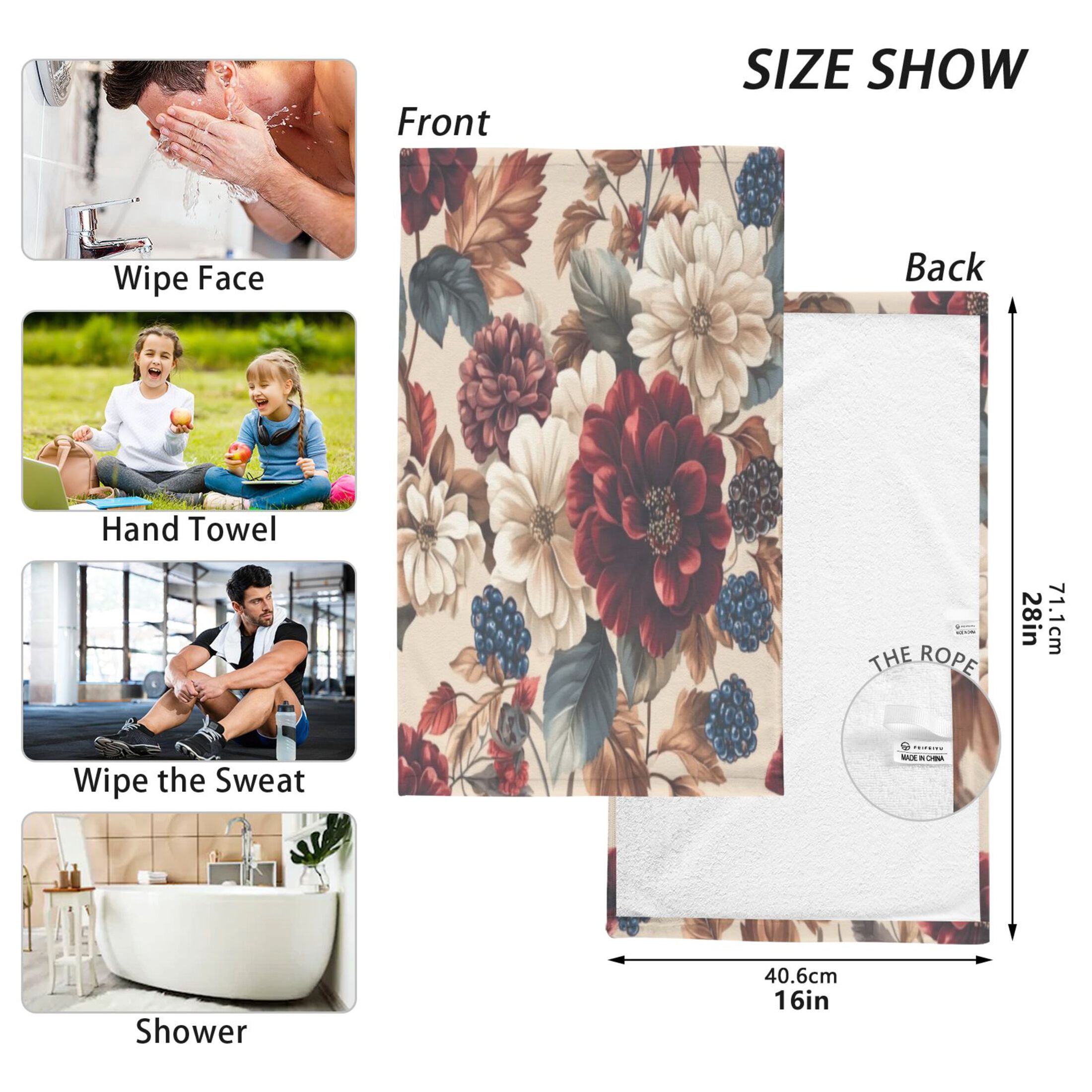 2 Pcs Absorbent Face Towel Bath Hand Towels Soft Breathable Cotton Towel Set for Bathroom Kitchen Hotel Spa Decor Burgundy Hydrangeas