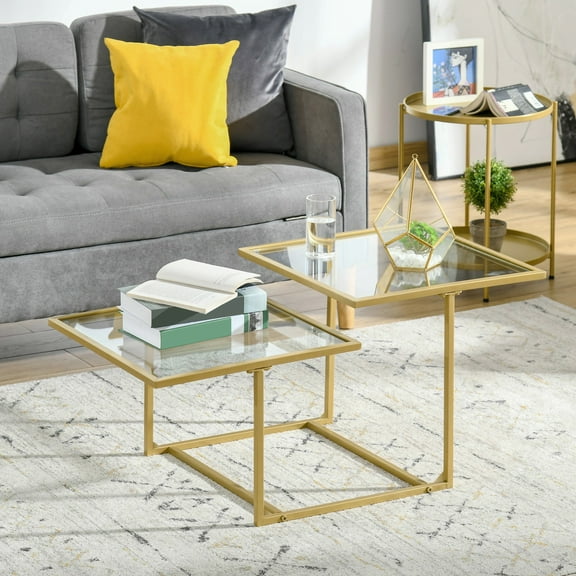 Wubio 38" Glass Top Coffee Table, Small Accent Side Table w/ Metal Legs, Gold