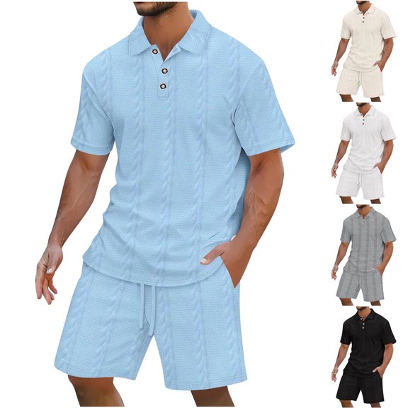 FRSASU Men's Polo Shirt and Shorts Set Soild Color Jacquard Knit Geometric Texture Casual Short Sleeve 2 Piece Outfits Sweatsuits Summer White