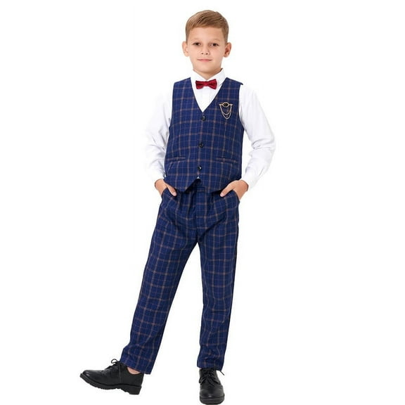LOLANTA Boys Vest Pants Set Plaid Dress Suit with Shirt Kids Tuxedo Formal Wedding Ring Bearer Outfit