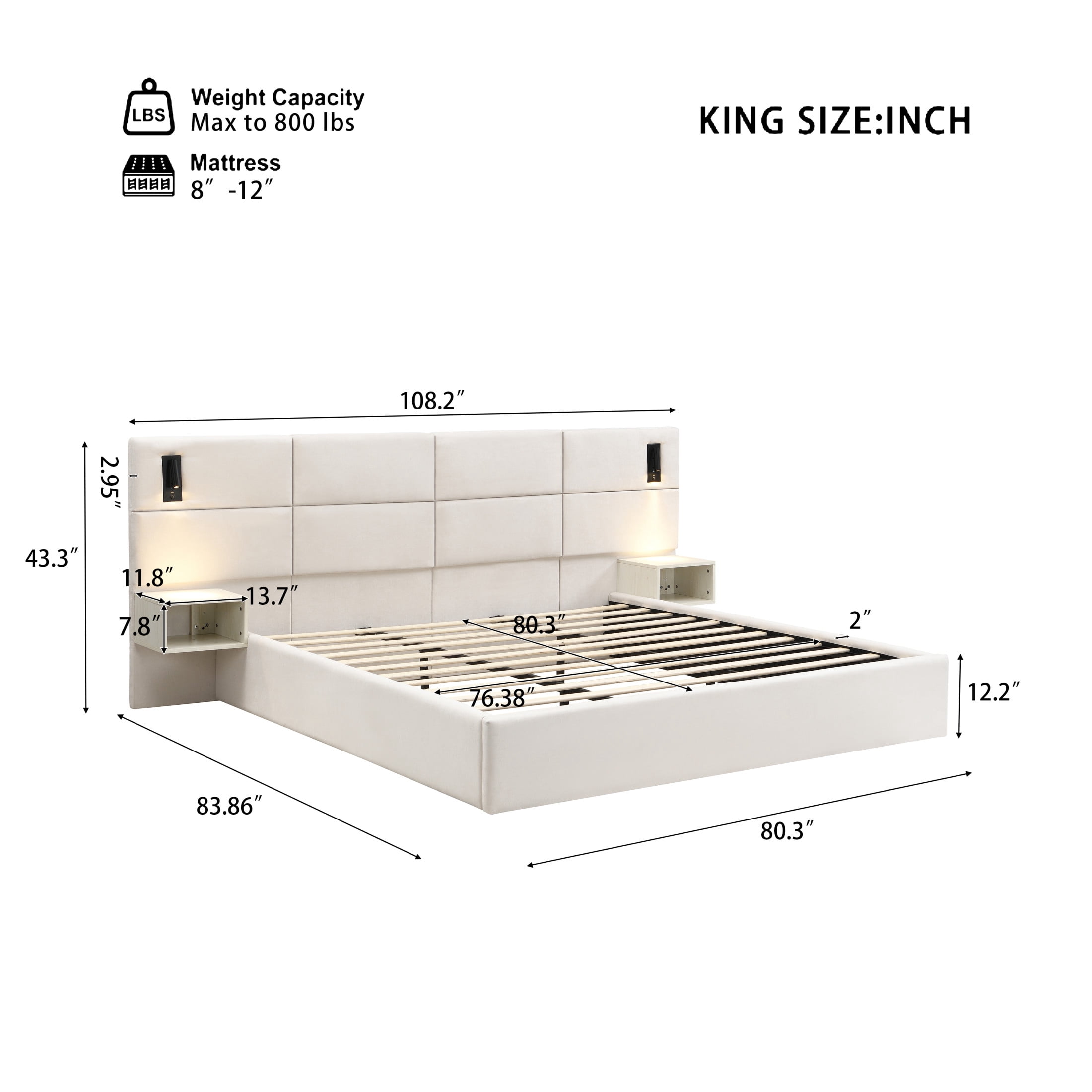 Christopher Knight Home King Luxurious Smart Bed Frame with Reading Light, Chenille Upholstery, White