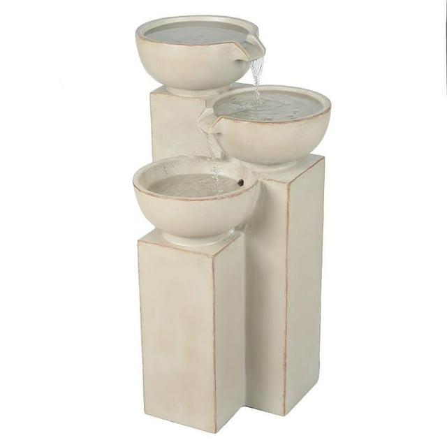 LuxenHome Off Blanc Résine 3-Tier Tri-Colonne Fontaine Extérieure avec LED Lumière