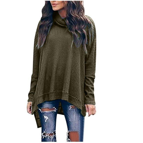 Hfyihgf Womens Turtleneck Oversized Sweater Waffle Knit Batwing Sleeve Loose High Low Hem Side Slit Pullover Tunic Tops Green S