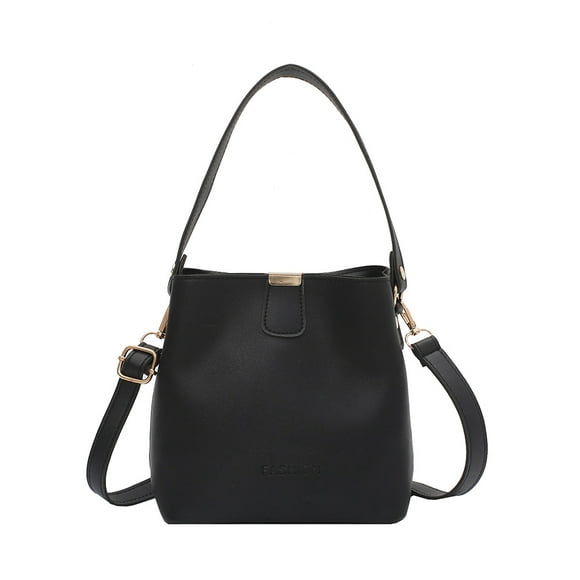 July Memor Preppy Style Solid Color Shoulder Bucket Bag Ladies PU Leather Vintage Handbags(Black)