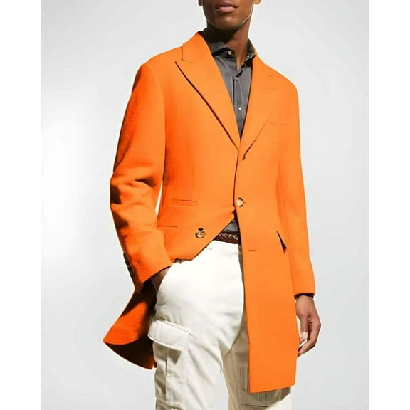Mens Wool Carcoat - Hot Orange Three Quarter Peak Lapel Topcoat