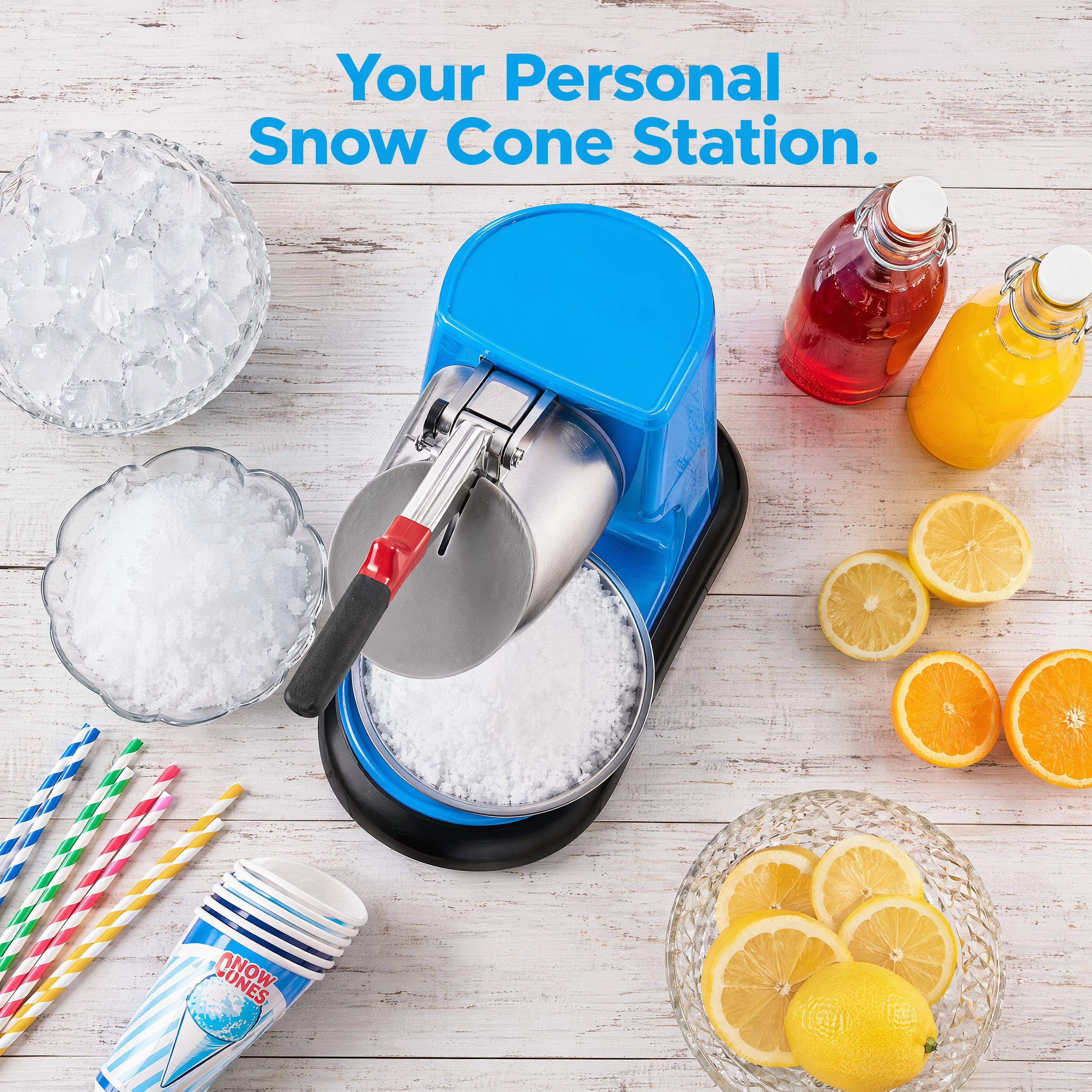300W Commercial Electric Ice Crusher 220LBS/H Snow Cone Maker Shaved Ice Machine with 4 Stainless Steel Blades Anti‑Splash Design for Home Party Dessert Shop Blue