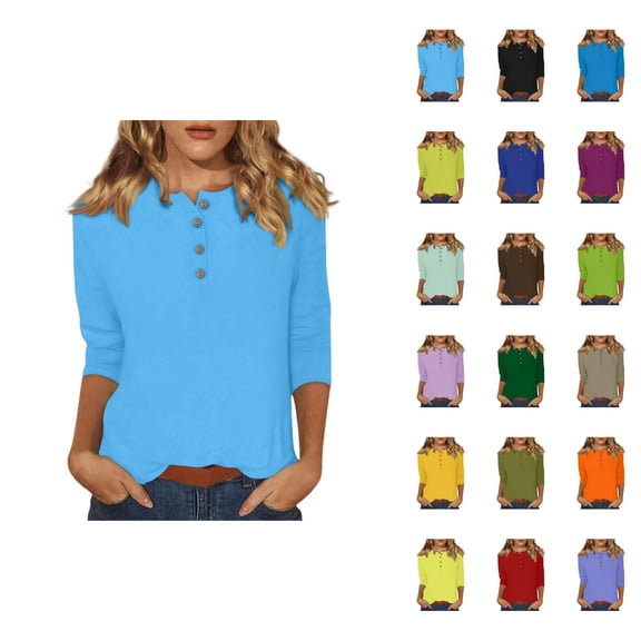 3/4 Sleeve T Shirts for Women 2025 Fall Casual Solid Color Button Crewneck Plain Basic Tshirt Womens T Shirts