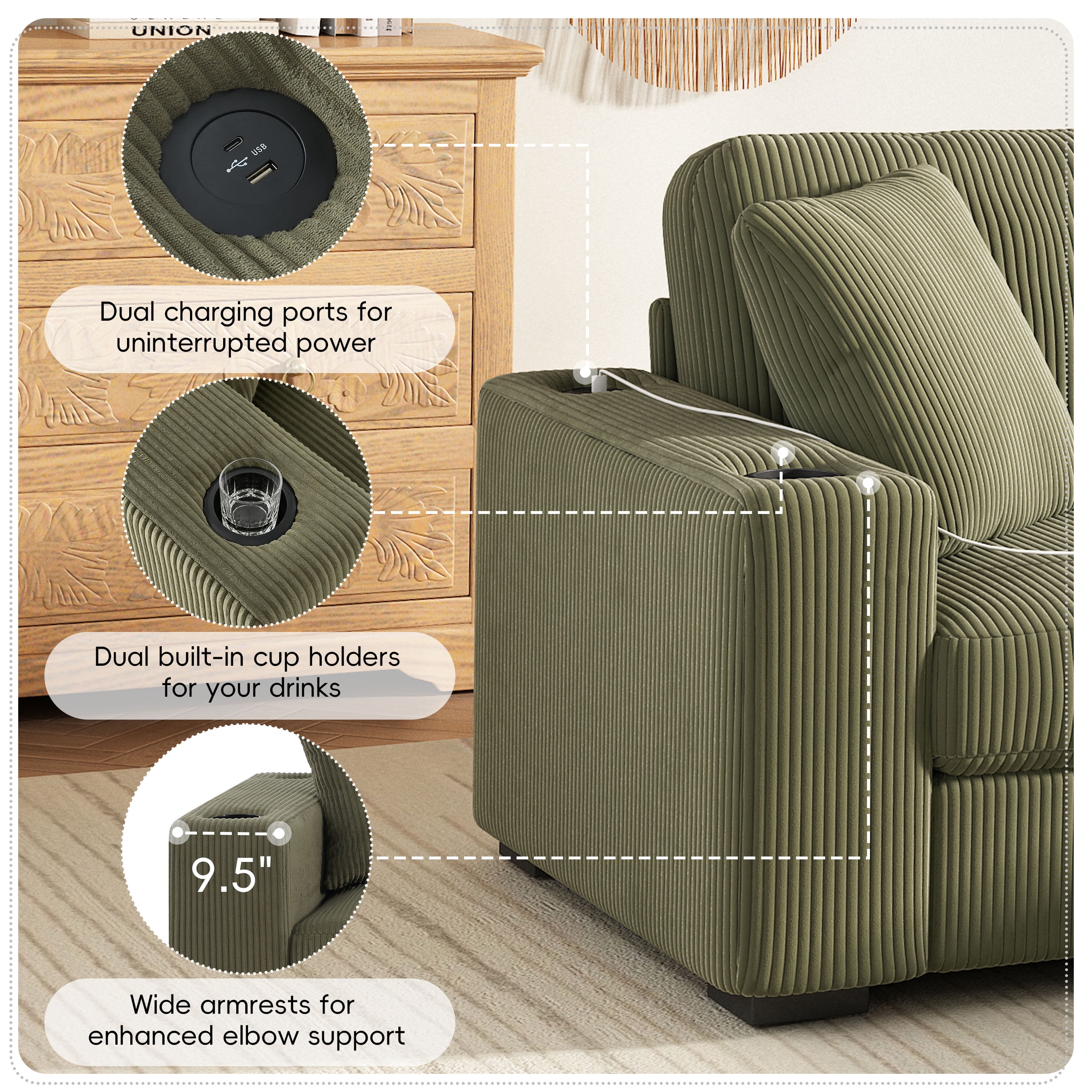 GARITIN L Shaped Sectional Sofa 86.5 Inch, Corduroy Upholstered Couch with Cup Holders and Charging Ports for Living Room, Green