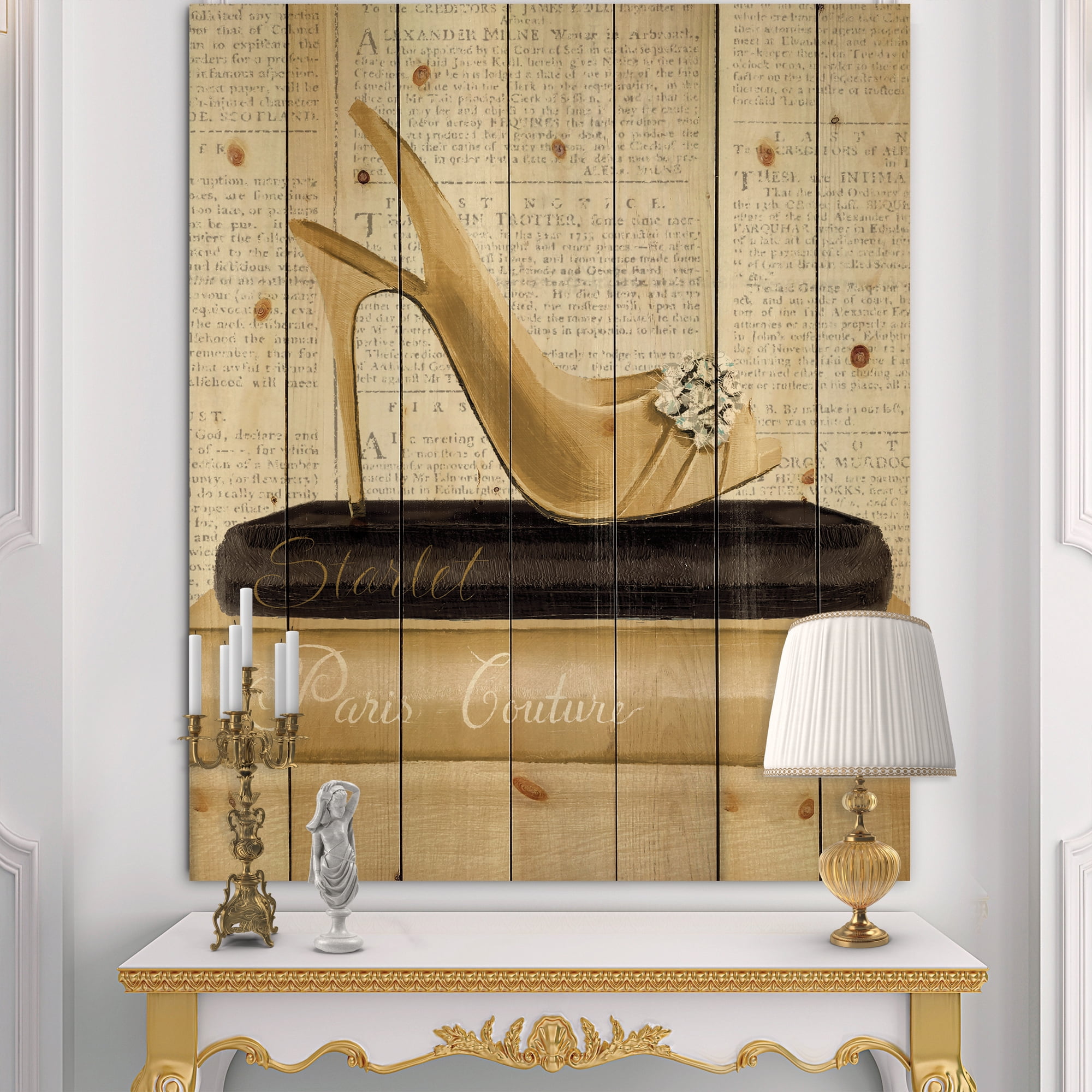 Designart 'Gold Glam and Fashion High Heels I' Posh & Luxe Print on Natural Pine Wood
