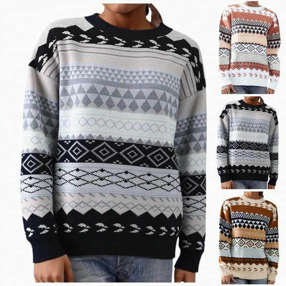 larppty Sweater for Women Fair Isle Fall Vintage Casual Loose Long Sleeve Crewneck Knitted Jumper Sweated Tops (Khaki, S)