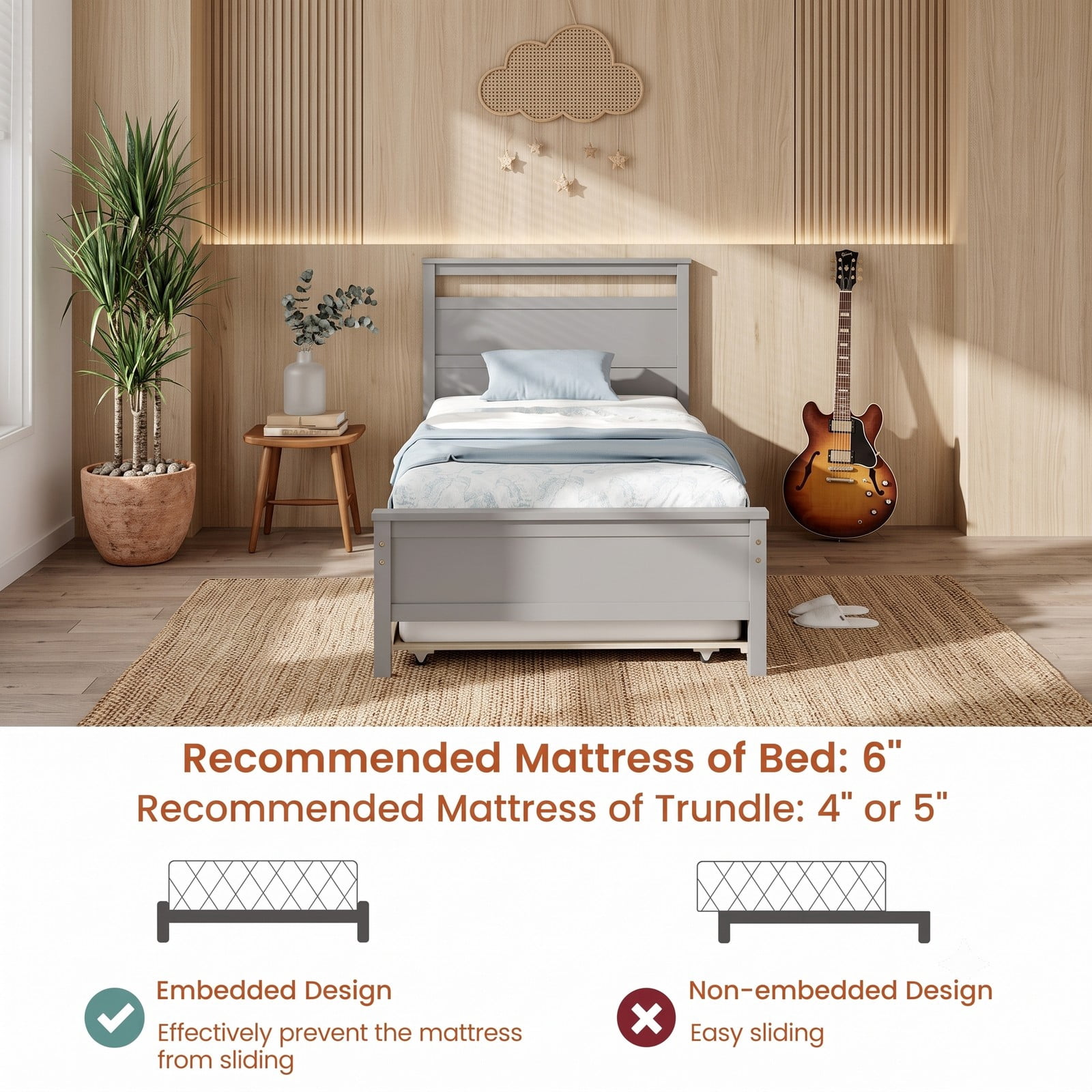 Furnibear Twin Bed Frame with Trundle, Wooden Platform Bed with Roll-Out Trundle and Plank Headboard, No Box Spring Needed, Gray