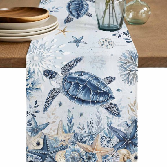 Blue Turtle Coastal Table Runner 72 Inches, Beach Starfish Nautical Coral Ombre Bed Runner Dresser Scarves Tabletop for Indoor Outdoor Parties/Ceremony/Banquet, 13" x 72"