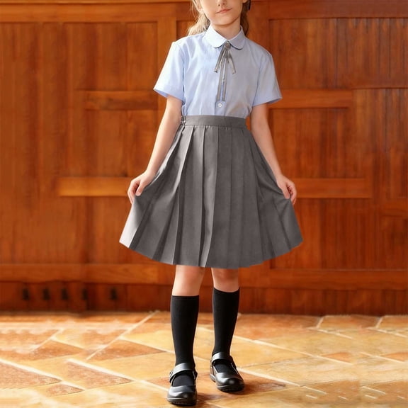 BRGZLK Three Pieces Set for Girls Solid Color Fashion Short Sleeve Turn Down Collar Top Elastic Waist Half Skirt with Tie School Season Academy Style Set Gray A 14-15 Years