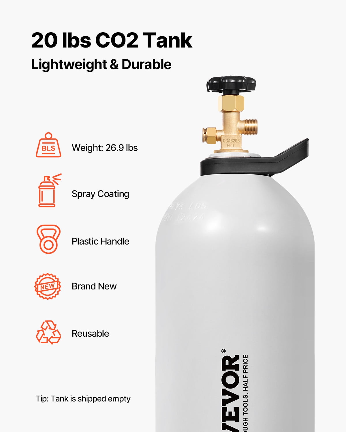 VEVOR CO2 Tank, 20 lbs New Aluminum Alloy Cylinder, CO2 Air Tank with Light Spray Coating, CGA320 Valve, Handle & Purple Copper Siphon, DOT Approved Cylinder for Draft Beer Dispensing